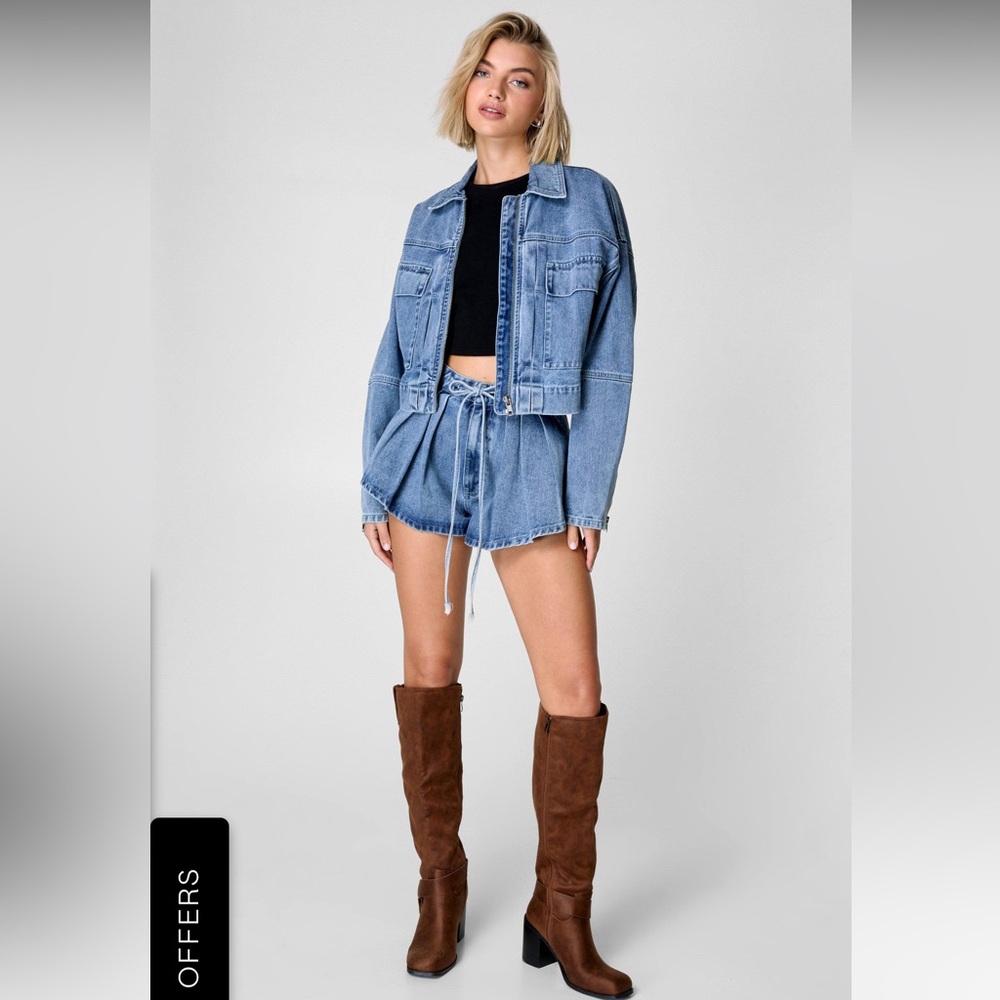 Nasty Gal Blue Denim Jacket and Shorts Set with Black Top